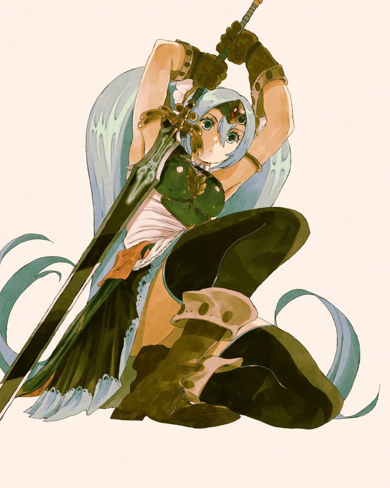 Hatsune Miku in a fire emblem esque design. Shes holding a sword in both her hands. She has long turqoise hair put into pigtails. She is wearing a white sleeveless top with a dark plue breast plate over it, a dark skirt, dark thigh high socks and brown gloves and boots.