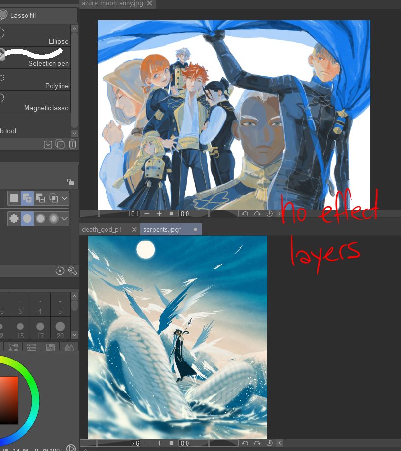 screenshot of my csp canvas showing a drawing of the fe3h blue lion class and another of my character with a giant snake emerging from the water alongside red text that reads "no effect layers".