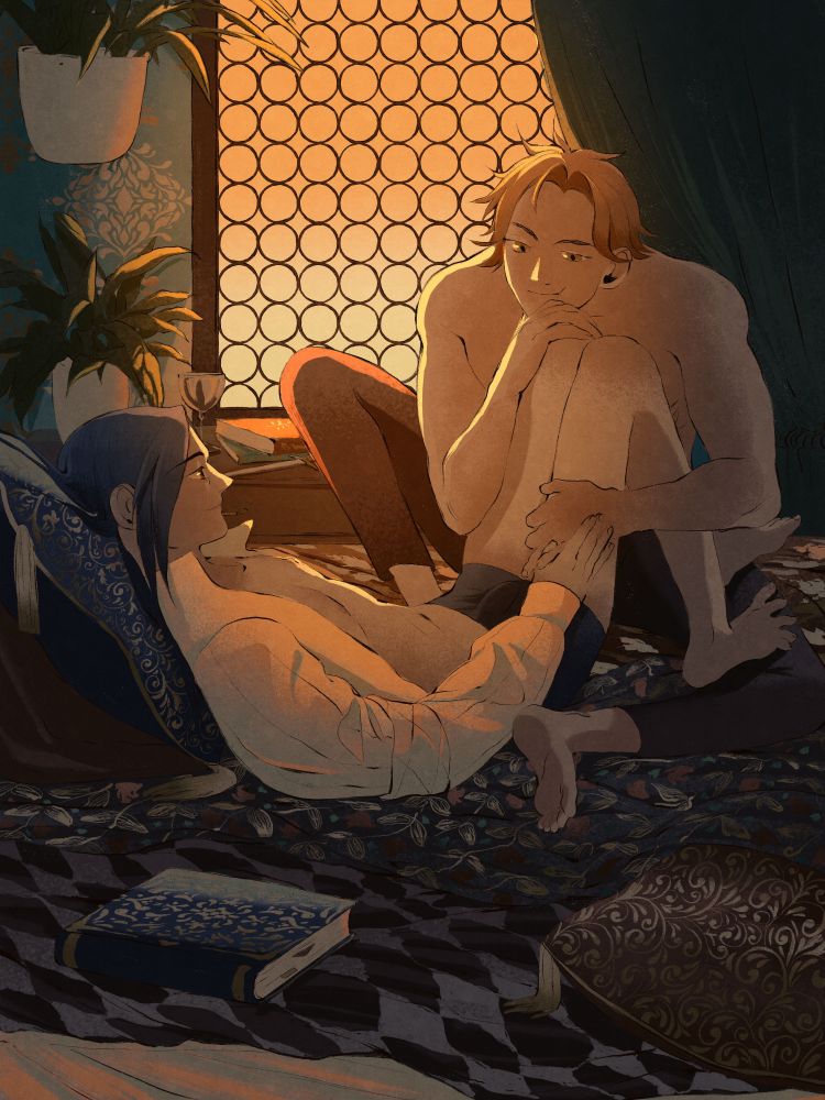 digital illustration of felix and sylvain from fe3h. Felix is a young man with long dark blue hair and sylvain is a young man with tousled ginger hair.
Felix is laying on his back, legs propped up. Sylvain is resting his head on felix's knees. Sylvain has one hand on felix's thigh and felix is holding that hand with his own.
They are surrounded by colorful pillows and blankets. In the background is a window with a green curtain, 2 plants and a little wooden table with books, a silver cup and a latter opener strewn accross.