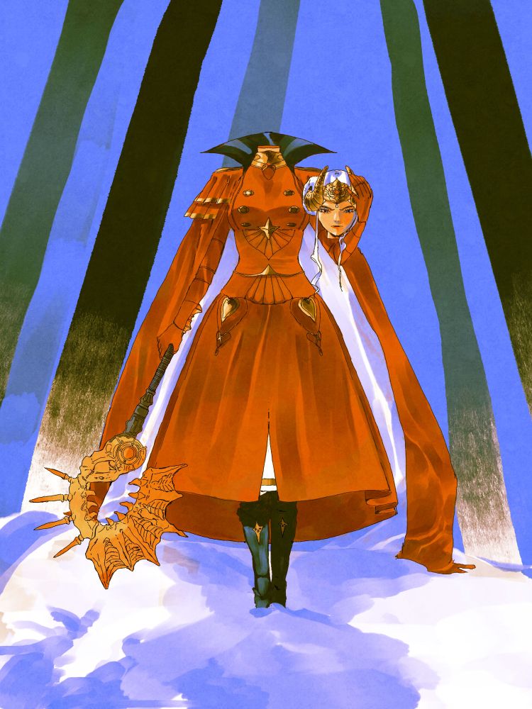 digital drawing of Edelgard from fire emblem. she is standing in the snow in front of a couple leaf less trees. she is decapitated and is holding her own head as well as her weapon amyr.