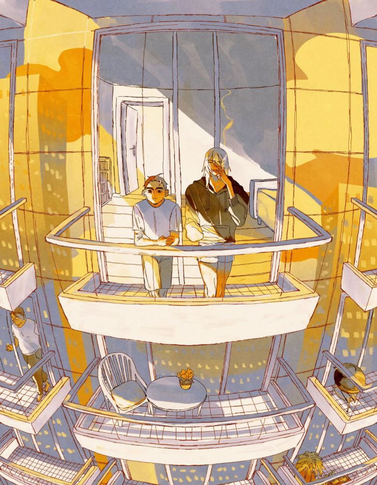 digital illustration of Apollo and Klavier standing on a balcony of a skyscraper.
Apollo is a small young man with brown hair and Klavier a taller young man with long blond hair. Apollo is looking at the distance and Klavier has his eyes closed and is smoking a cigaratte. The skyscraper has a glass surface which is reflecting the cities skyline and the sunset.
The drawing is drawn in fisheye perspective.