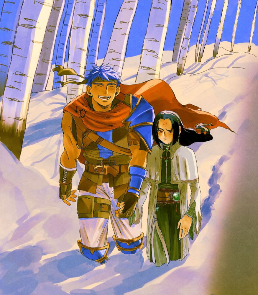 digital illustration of Ike and Soren from Fire Emblem. They are wading through deep snow. Ike is holding Sorens hand and laughing. Soren is frustrated because walking through the snow is a lot harder for him. In the background are birch trees.