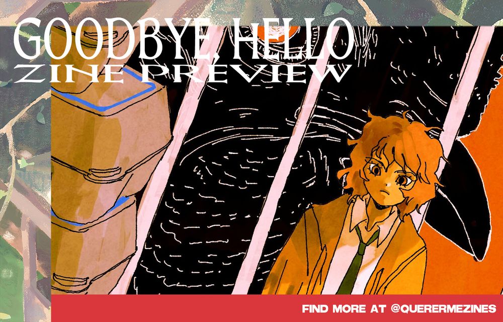 Preview of a drawing showing Marie Kim from the No Home webcomic. She is a small teenager with messy pink hair wearing a yellow jacket. 
In the background is a black chicken behind cage bars and on the left part of some egg cartons.. 
Theres a frame around the picture with text that reads "goodbye hello zine preview" at the top and "find more @ querermezines" at the bottom.
