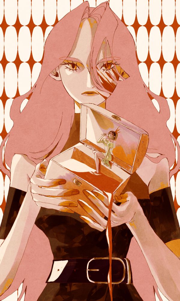 digital illustration of Mizi and Sua from alien stage. Mizi is holding a music box in her hands, of which her finger tips are bloody. Inside the music box is sitting a singing sua. In the bottom container of the box is blood which Mizi is pooring out. Mizi has a blood smear on her face and she has a sad expression on her face. Sua is smiling.
