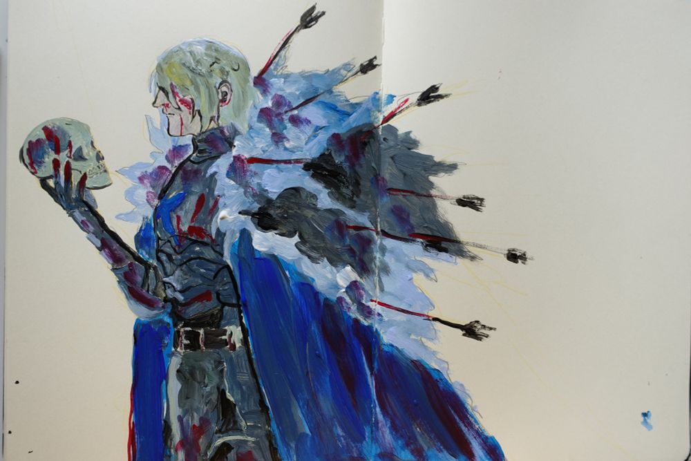 acrylic painting of Dimitri from fe3h holding a bloody skull. He has a bunch of arrows stuck in his back and blood all over his face and body.