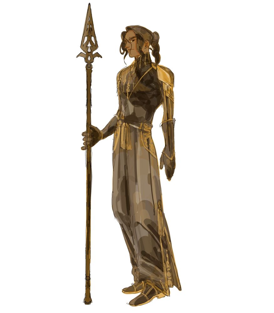 digital doodle of my oc delbert. He is a young elegant looking man with tanned skin and long dark wavey hair put in a braid. He is covered in black clothes, a tight long sleeves top and wide lose pants. His clothes have golden ornaments all over them.
He is holding a spear that looks like a clock hand.