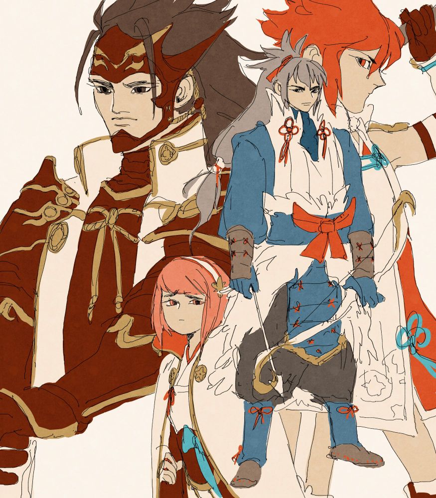 digital doodle page of the hoshido siblings from fire emblem birthright, ryoma, takumi, hinoka and sakura.
Ryoma is a big man with long messy brown hair and red armor, takumi is an archer in white and blue clothes and silver hair put into a ponytail, hinoka is a young woman with short red hair holding a nagita and sakura is a young girl with a pink colored bob haircut and a white cape.