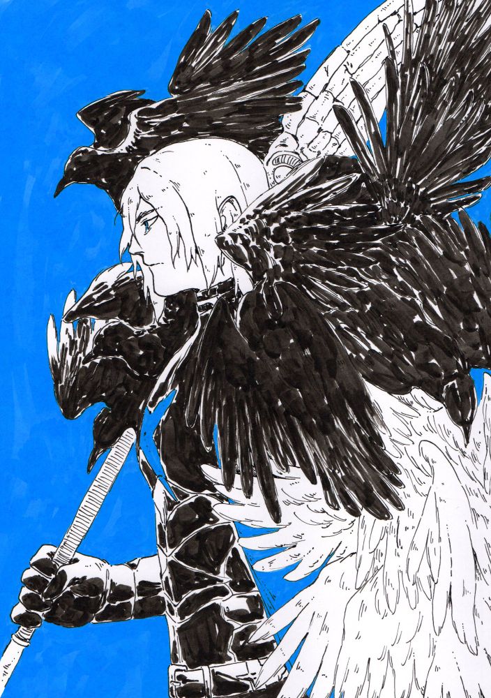 Drawing of Dimitri Alexandre Blaiddyd from Fire Emblem Three Houses. He is a tall man with shoulder long blonde hair in black armor. He is wearing a cape with black and white fur over his armor but I depicted the fur as black and white bird wings instead. He is holding his lance in his right hand. The background and his cape are colored in blue, everything else is drawn in black ink.