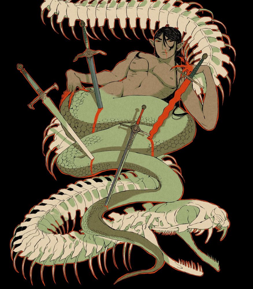Digital illustration of a Naga with a light green snake tail and long black hair. He is laying on a giant snake skeleton. Theres 4 swords sticking in his snake tail, and theres blood dripping from the wounds. Hes looking very serious and still majestic. The background is black.
