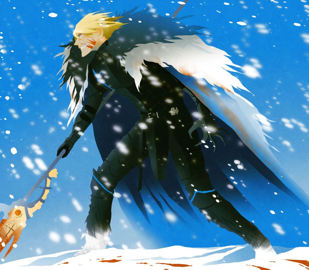 digital drawing of dimitri from fe3h wading through a snowstorm while holding his lance. He has blood on his cape and face and theres also blood in the snow.
