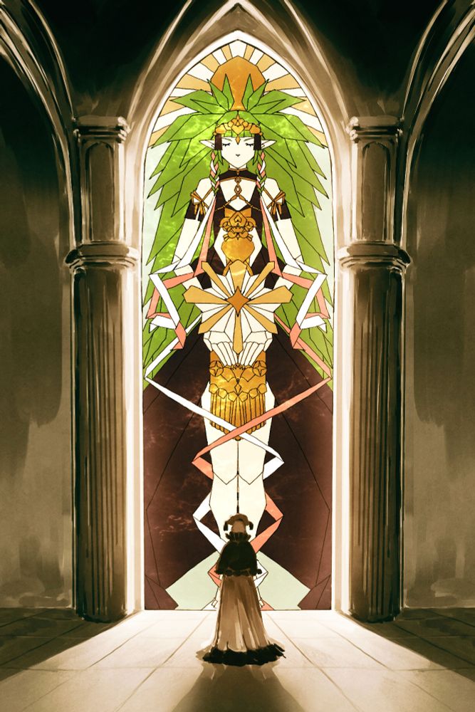 Digital illustration of Lady Rhea from fe3h standing in front of a stained glass church window showing Sothis.