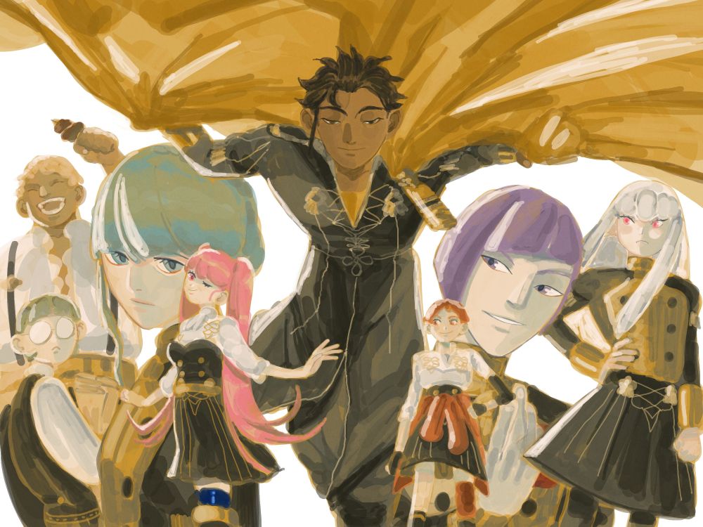 digital drawing of the golden deer characters from fe3h pre timeskip. Claude is in the middle and holding onto his cape with both hands so the cape is shielding all the other characters from above. On the right are leonie, lorenz and lysithia and on the left Ignatz, raphael and hilda.