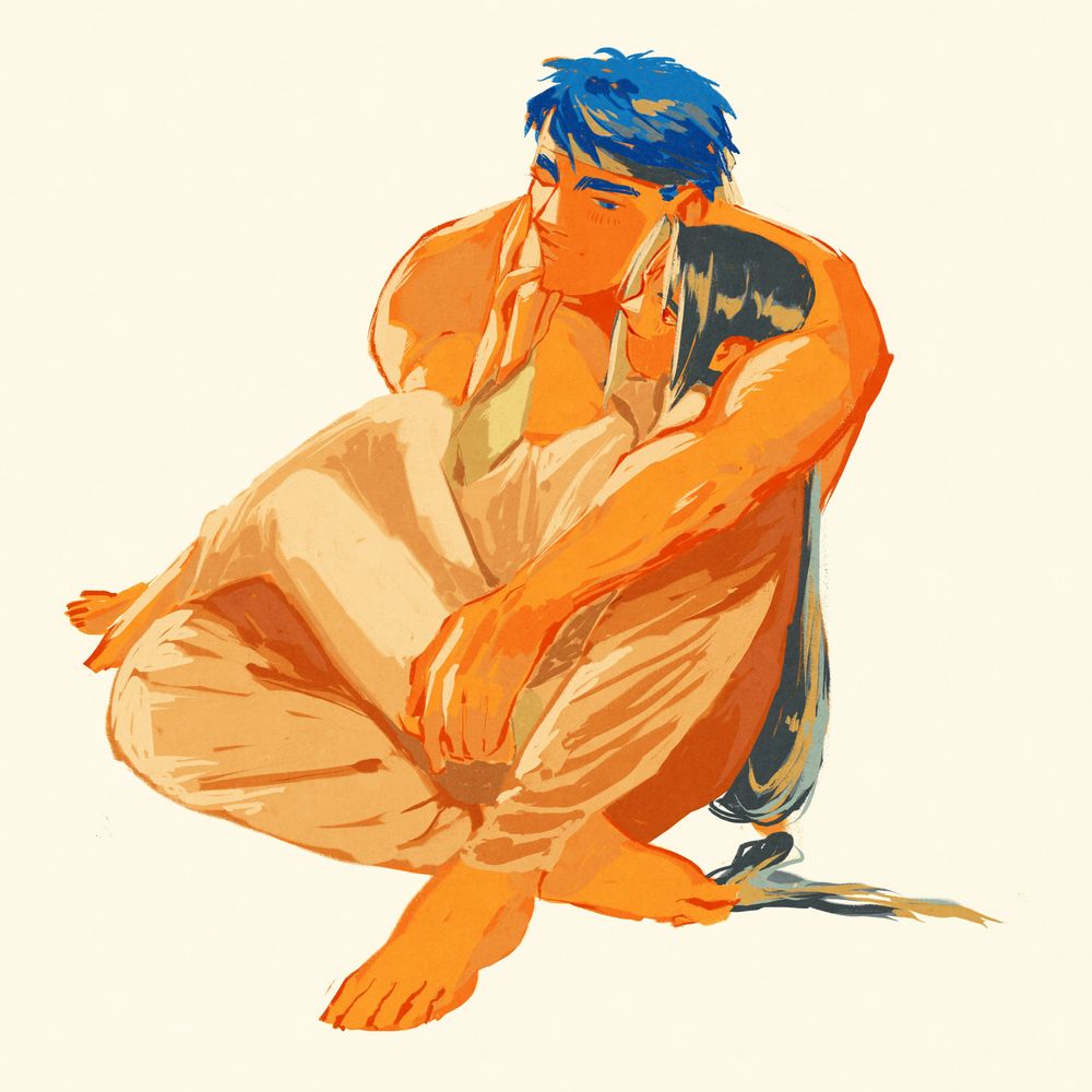 digital drawing of Ike and Soren from fire emblem. Soren is sitting in Ikes lap who is planting a kiss in Sorens palm.