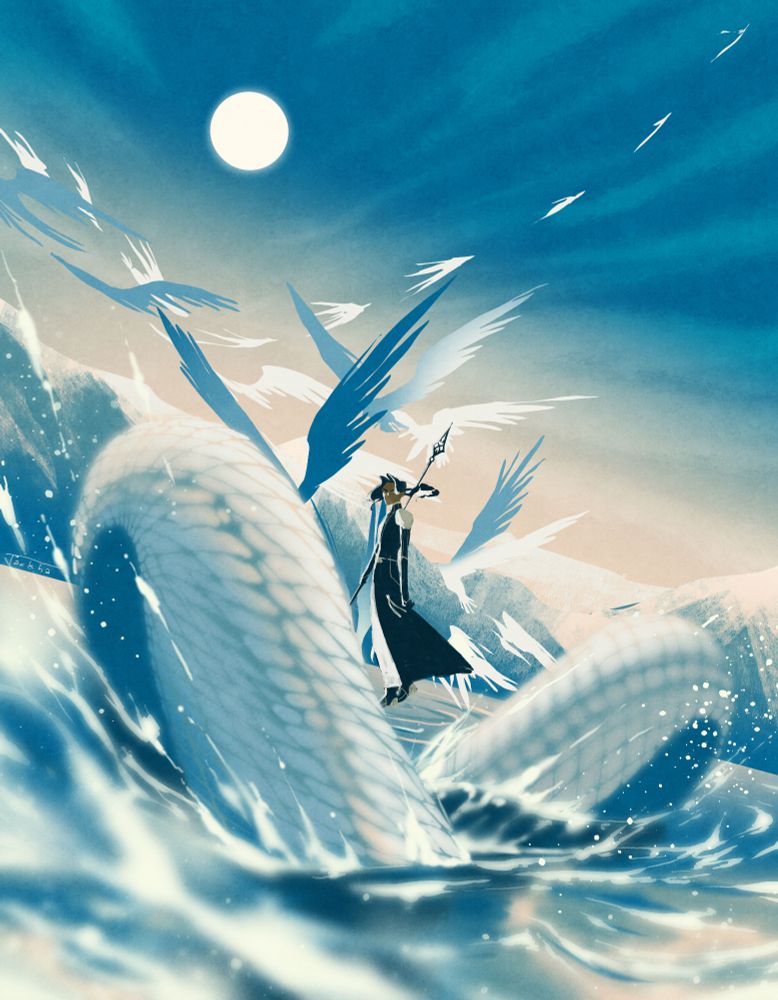 digital illustration. In the foreground is water from which a white and blue serpent is emerging. Behind is a young man in dark clothes and long dark hair holding a spear. Behind him are a bunch of white birds taking flight and in the background are mountains.