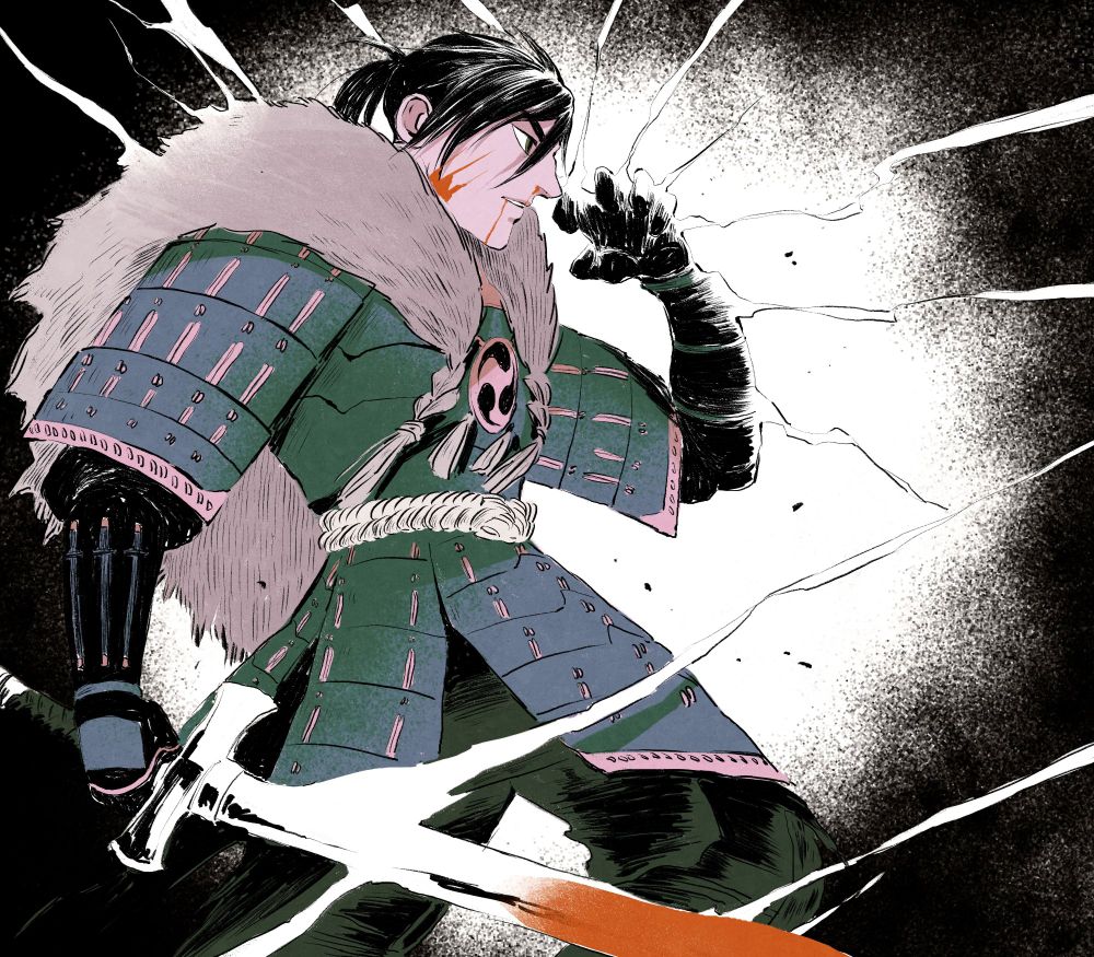 digital drawing of felix from fe3h in the mortal savant class, a class that takes inspiration from samurai armor. he is holding a sword and is casting thunder magic.