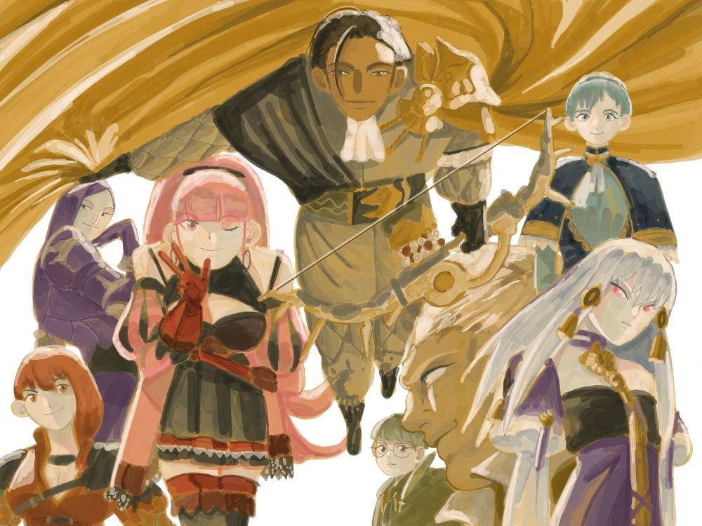 digital illustration of the golden deer characters from fe3h post timeskip. Claude is in the middle holding onto his cape with his right hand and holding his bow in his left. On the left are Lorenz, Hilda and Leonie. On the right, Marianne, Lysithea, Raphael and Ignatz.