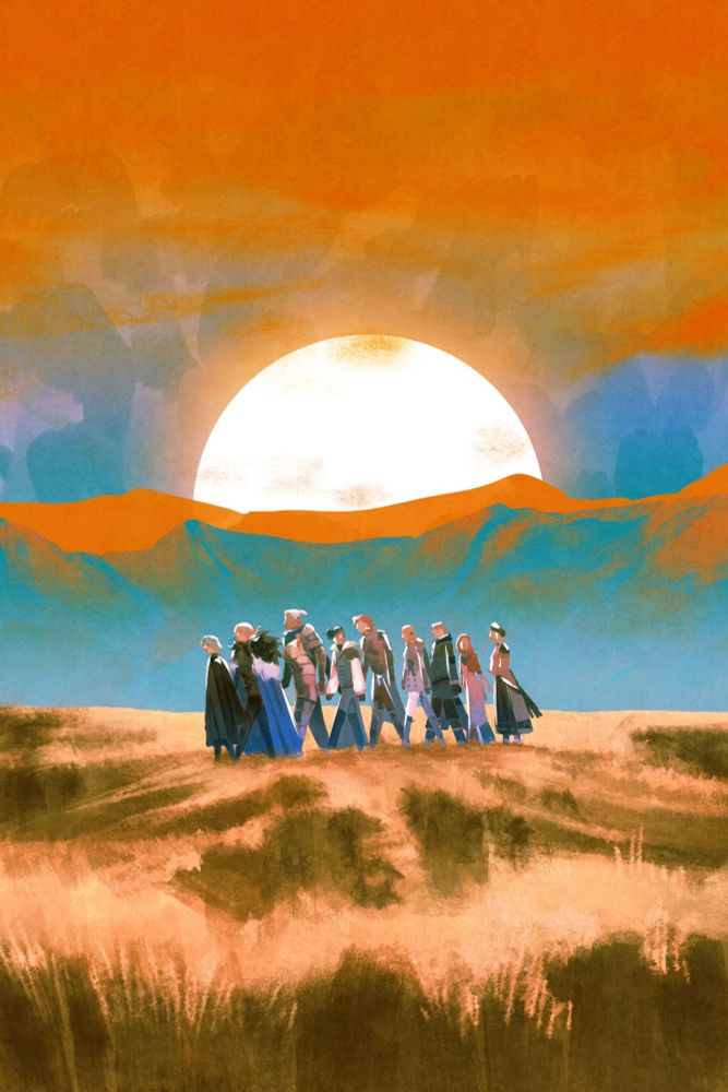Digital illustration of the blue lions characters from Fire Emblem Three Houses. They are walking through a grass field in front of the mountains. The setting sun in the background is engulfing the sky in a bright red.