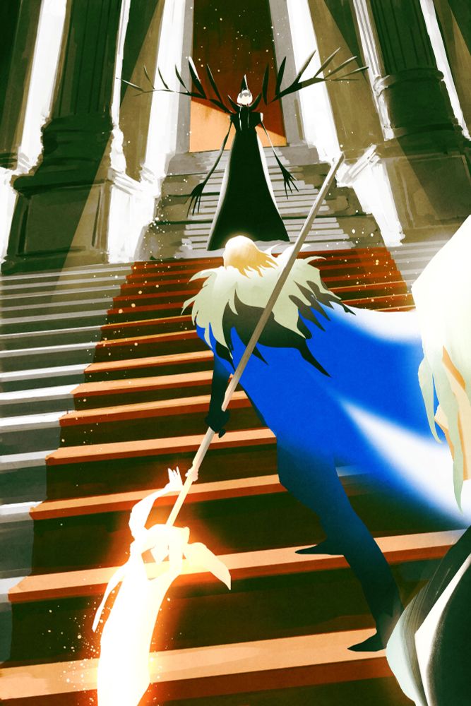 digital illustration of dimitri, byleth and hedgemon husk edelgard from fe3h. Dimitri is ascending the stairs with his lance in hand to take out Edelgard at the top. Byleth is standing behind him.
