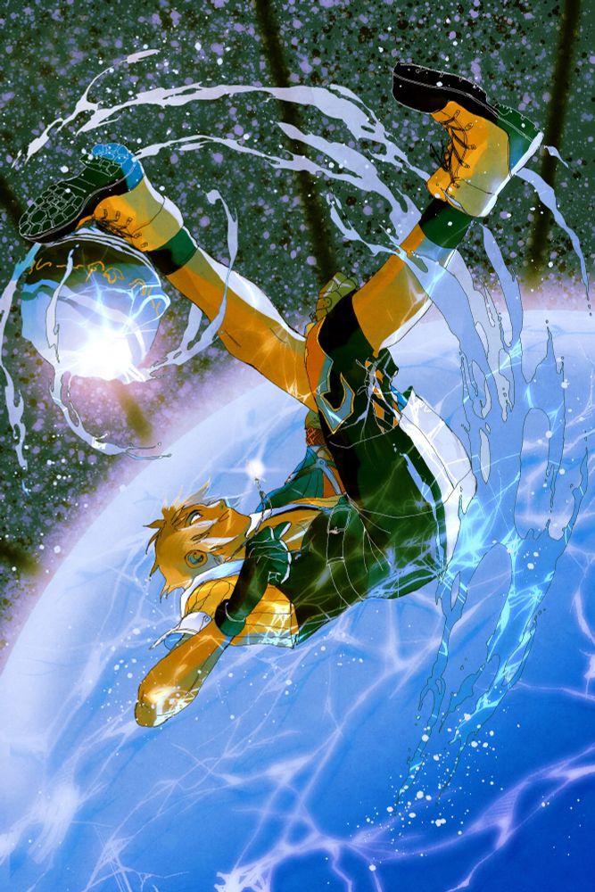 digital illustration of Tidus from FF10 playing Blitzball, a watersport thats similar to football but underwater. 