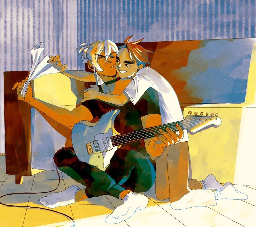 digital illustration of Klavier and Apollo from Ace Attorney. Klavier is sitting on the floor with an electric guitar in his lap. He is holding music sheet paper out of Apollos reach who is hugging him from behind, trying to grab the paper. Apollo is grinning while Klavier is frowning. In the background is a leather couch.
Klavier is wearing a black shirt and black sweatpants and a black choker and has his long blonde hair put into a bun. Apollo is a smaller man with short brown hair and he is wearing a white shirt and grey sweatpants.
