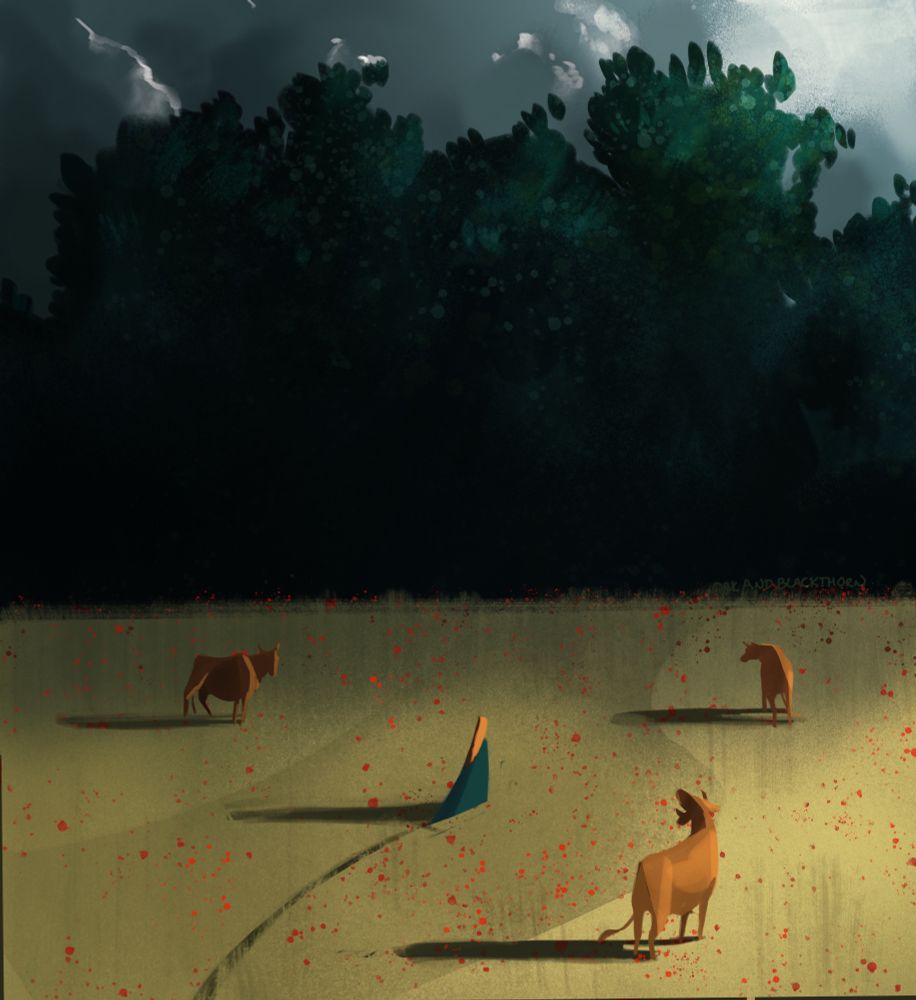 Illustration: a small figure with red-gold hair walks through a poppy field dotted with brown cows. She is heading toward a dark tree line while storm clouds build in the distance.