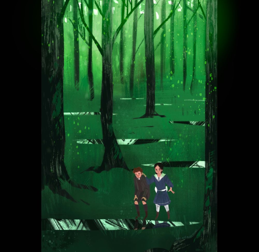 Illustration: A boy and a girl in turn-of-the-century clothing peer into one of many small pools in the middle of a shadowy green forest.