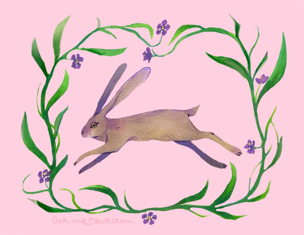 A hare on a pink background with purple flowers and green vines around it