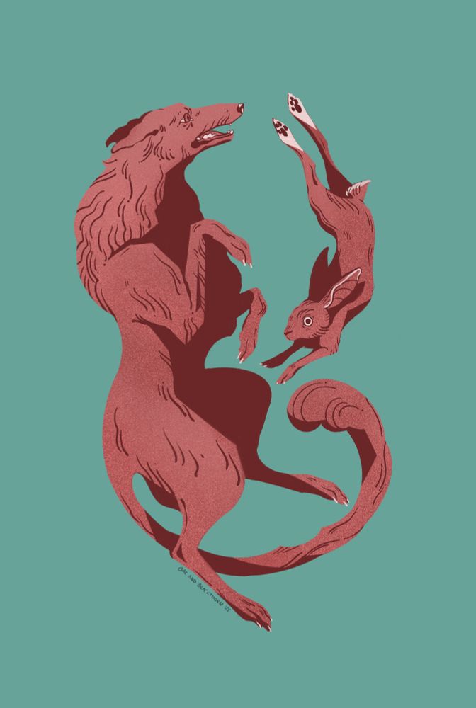 Illustration: a soft red wolfhound and rabbit set up head to tail in an endless chase on a soft teal background