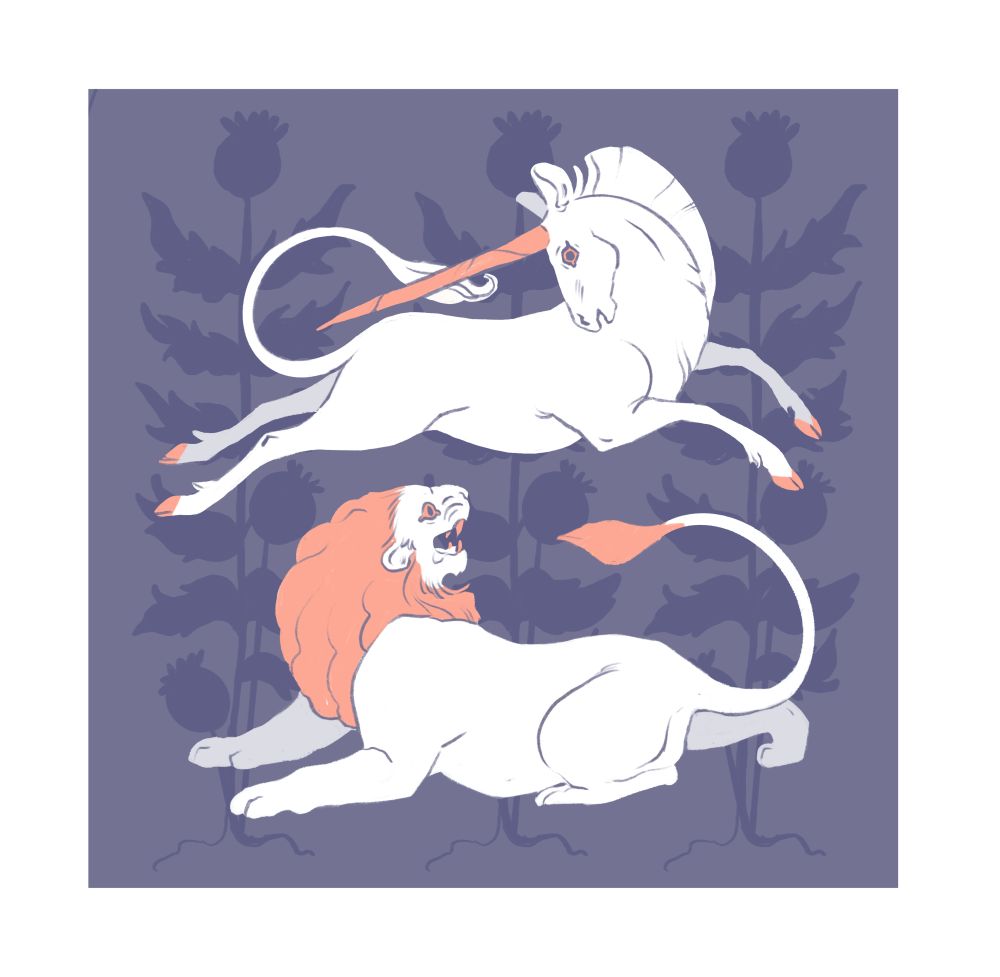 A white and apricot lion and unicorn on a soft purple background, in a medieval tapestry-inspired style