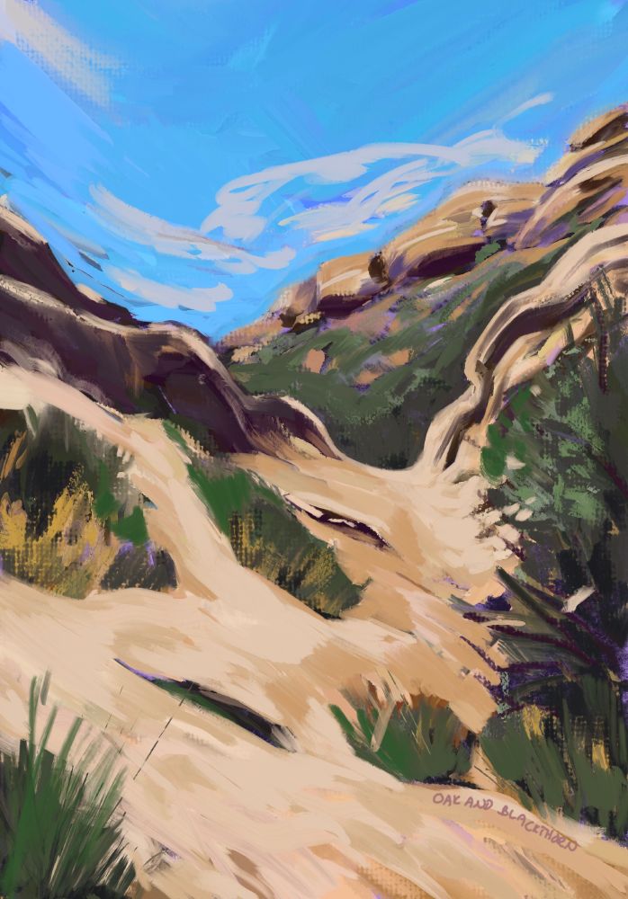 Illustration: a rocky desert trail leads into cliffs on a bright sunny day. Shrubs dot the pathway. The textures are chalky and impressionist.