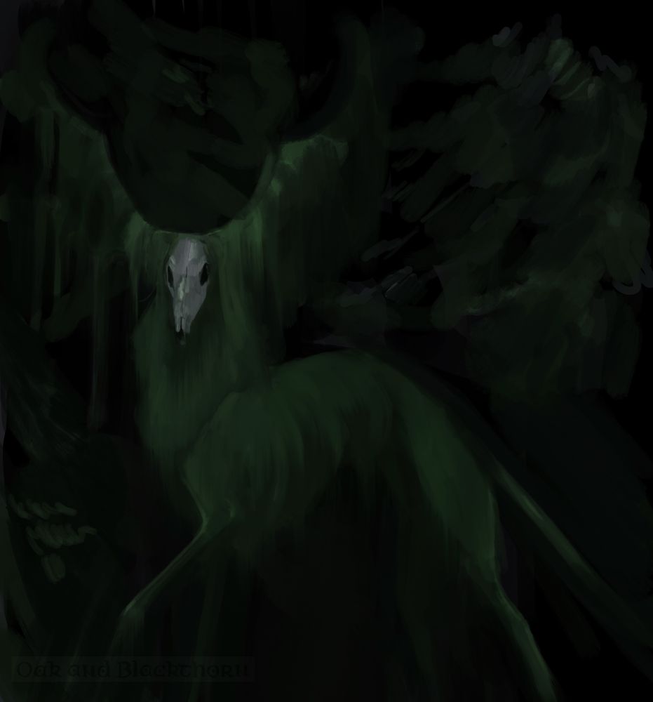 A mossy green creature with horns and a deer skull face and a greyhound body turns to face the viewer from between a dark pine forest