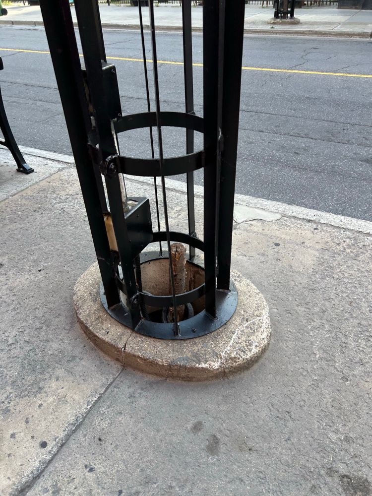 The stump of a tree pokes out from a sidewalk. The stump is surrounded by a tree guard which would’ve protected the tree before it became a stump.