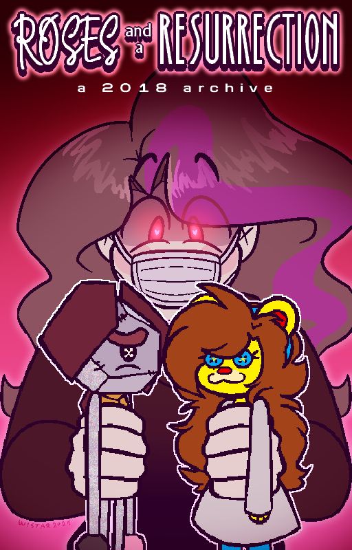 A pale-skinned, 12-year-old human girl holding 2 plushies. One plushie resembles a grouchy 13-year-old polygonal cyclops, and the other resembles a more cheerful 12-year-old ferret girl. The human girl — despite donning a disposable mask — bares a look of stark cheekiness and enthusiasm, spurred by her childish desire to pair the two figures together as a romantic couple.