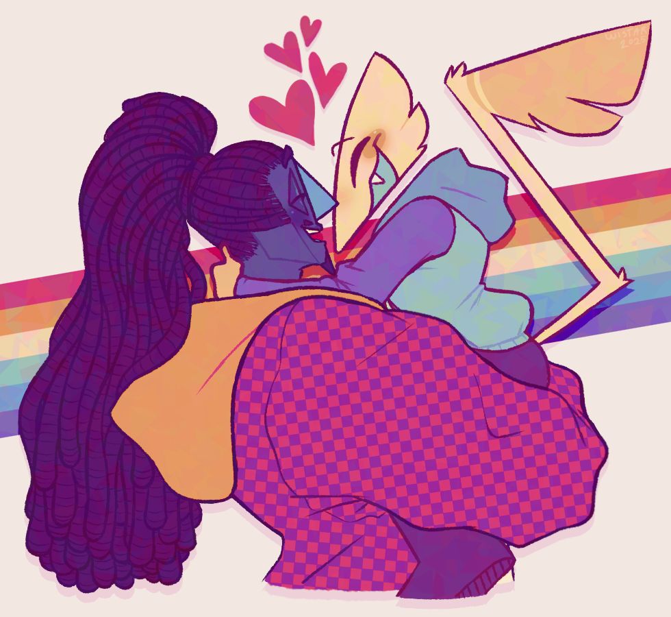 A vibrant piece depicting a muscular man lovingly holding his boyfriend in his arms