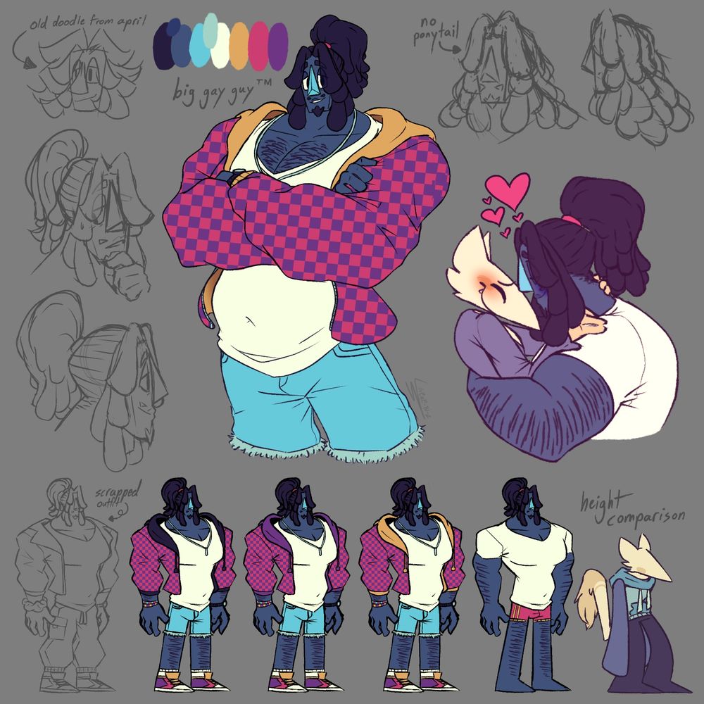 A bunch of concept doodles of the same, with a couple consisting of him with his boyfriend