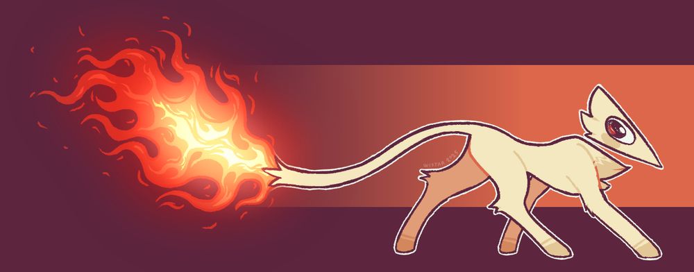 A cream-colored quadrupedal creature with a floating triangular head, slender legs, and a long skinny tail that bursts into dazzling flames at the tip.