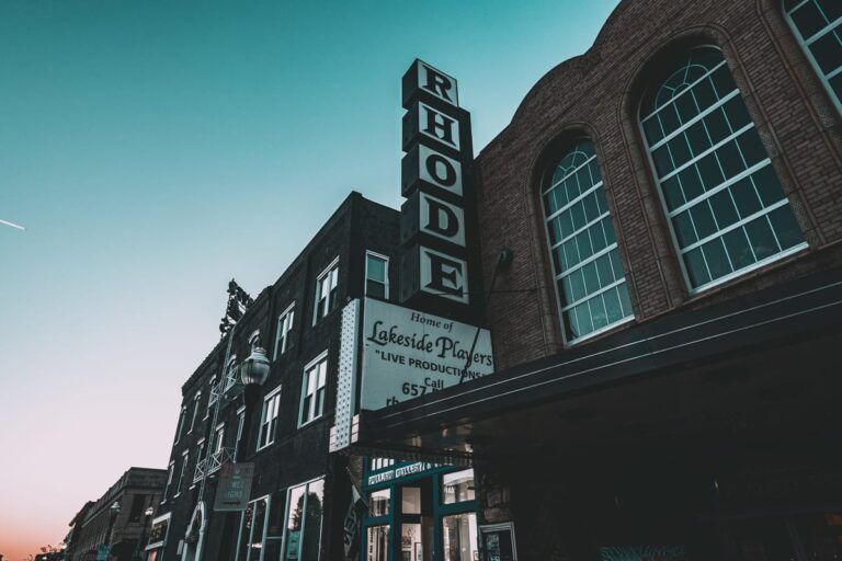 Exterior facade and marquee of Rhode Center for the Arts. 