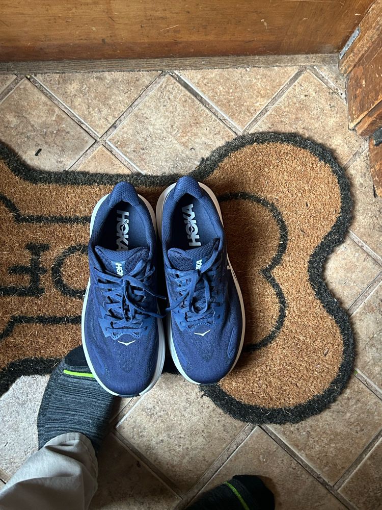 Two blue hoka sneakers on a brown bone mat with gray and green socks in the bottom left