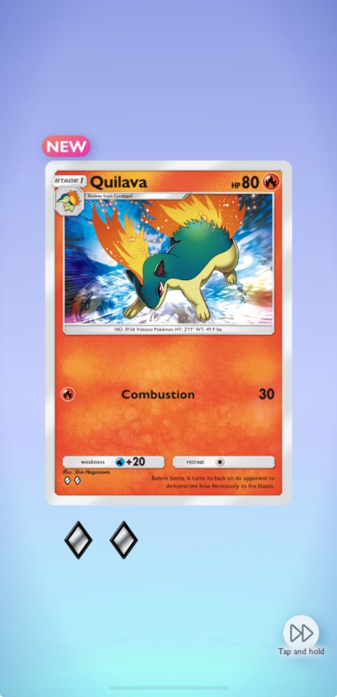 A screenshot of the card of Quilava, a red and orange card with an image of blue and light yellow Quilava with orange and yellow flames