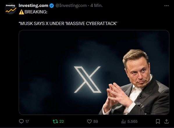Investin.com News: Musk says: "X under massive Cyberattack"