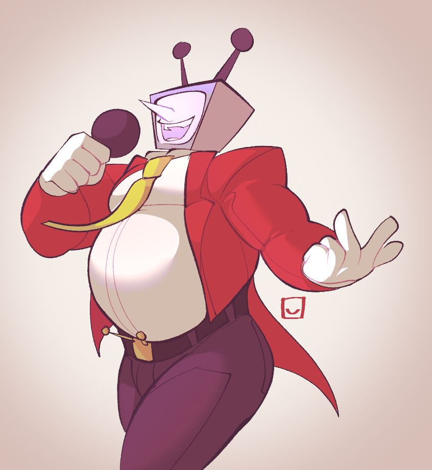 a drawing of character Tenna from Deltarune Chapter 3, being on a show. He is chubby but has his belt tightly fit so his figure is kept together