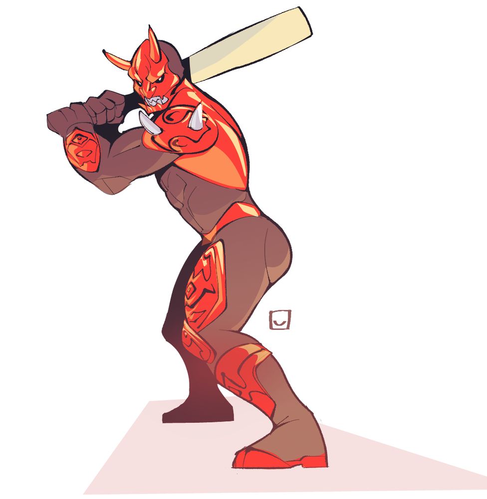 A character from Kamen Rider Den-o, Momotaros, portrayed with a bat seemingly playing baseball