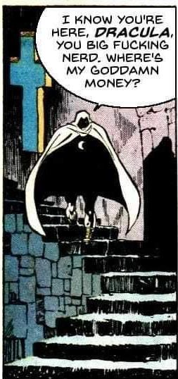 Moon knight descending a stairwell in a castle searching for Dracula to get the $50 he is owed. 