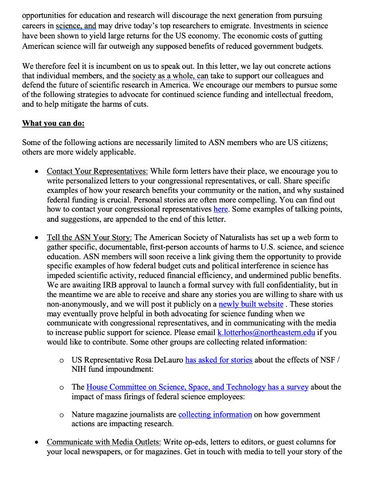 Screen shot of the letter sent to the American Society of Naturalists membership, page 2