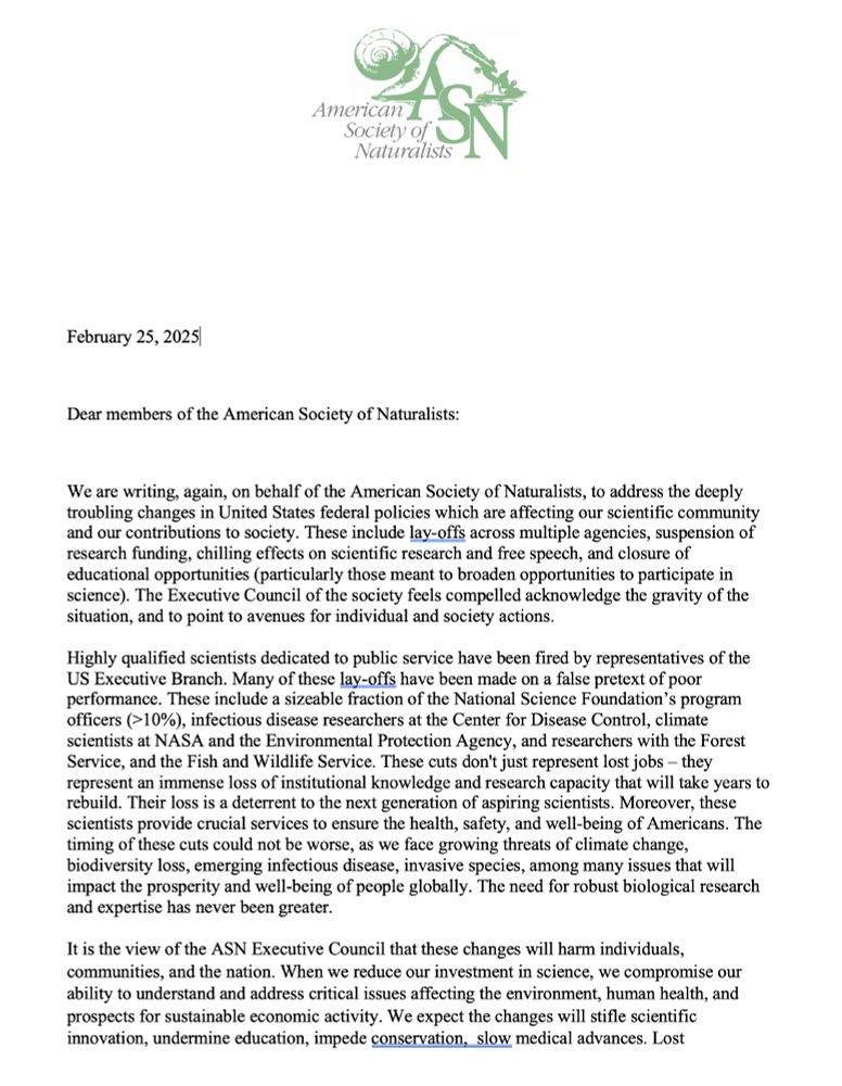 Screen shot of the letter sent to the American Society of Naturalists membership, page 1