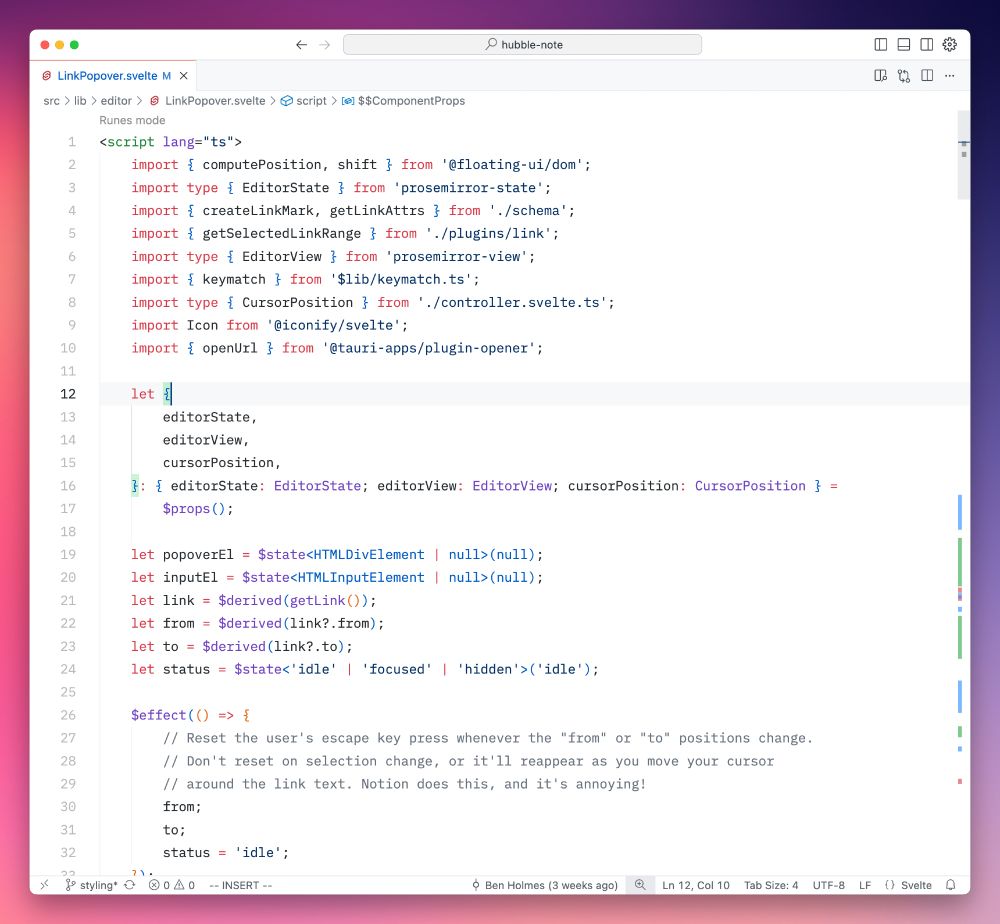 A Svelte component (LinkPopover.svelte) open in Cursor, showcasing code styled with the “Zed Mono” font. The font features clean, monospaced letterforms with slightly rounded edges and generous line spacing