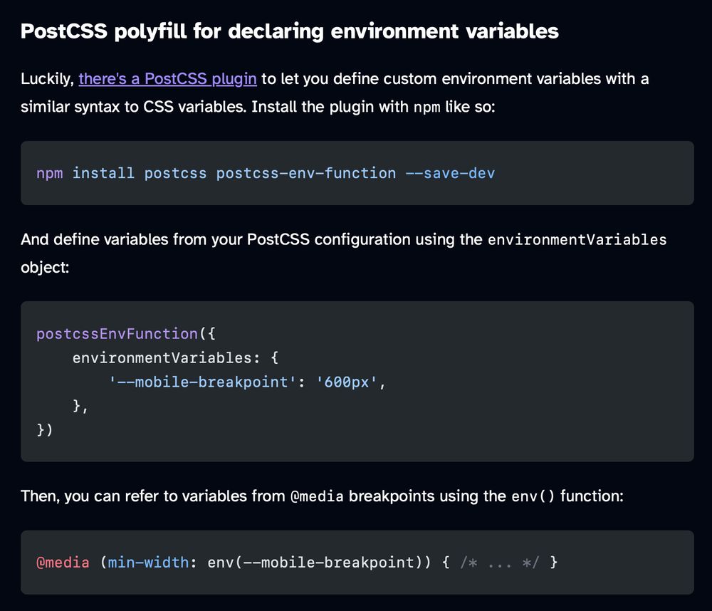 Luckily, there's a PostCSS plugin to let you define custom environment variables with a similar syntax to CSS variables. Install the plugin with npm like so:

npm install postcss postcss-env-function

And define variables from your PostCSS configuration using the environmentVariables object.

Then, you can refer to variables from @media breakpoints using the env() function.

@media (min-width: env(--mobile-breakpoint)) { /* ... */ }