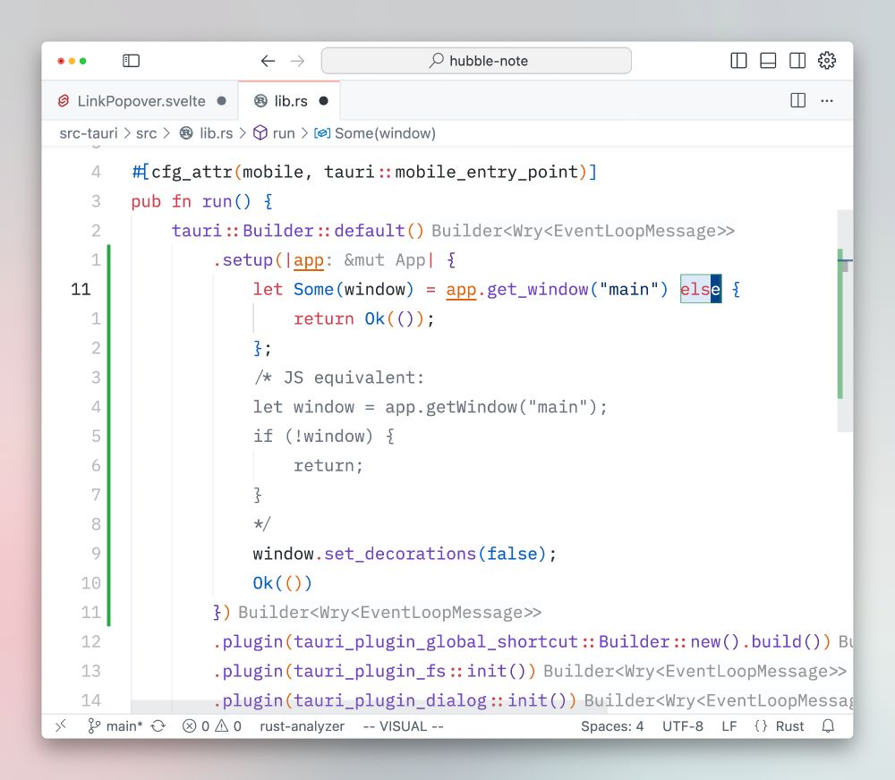Rust code demonstrating the use of let Some(window) = app.get_window("main") else to conditionally extract a value or return early, showcasing Rust’s let-else syntax for early exits.