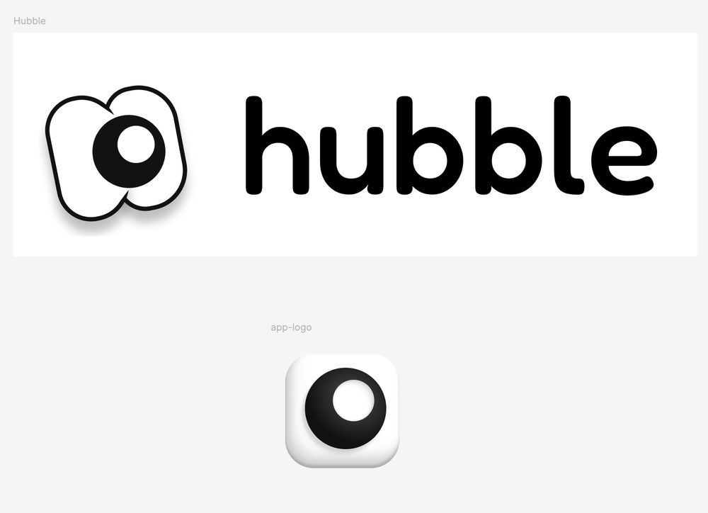 On top is the hubble logo with the text "hubble," and the floating Hubble avatar in a cartoon outline style. Below is the app logo as a rounded square with just the Hubble avatar's eyeball. It appears 3D with shadow effects