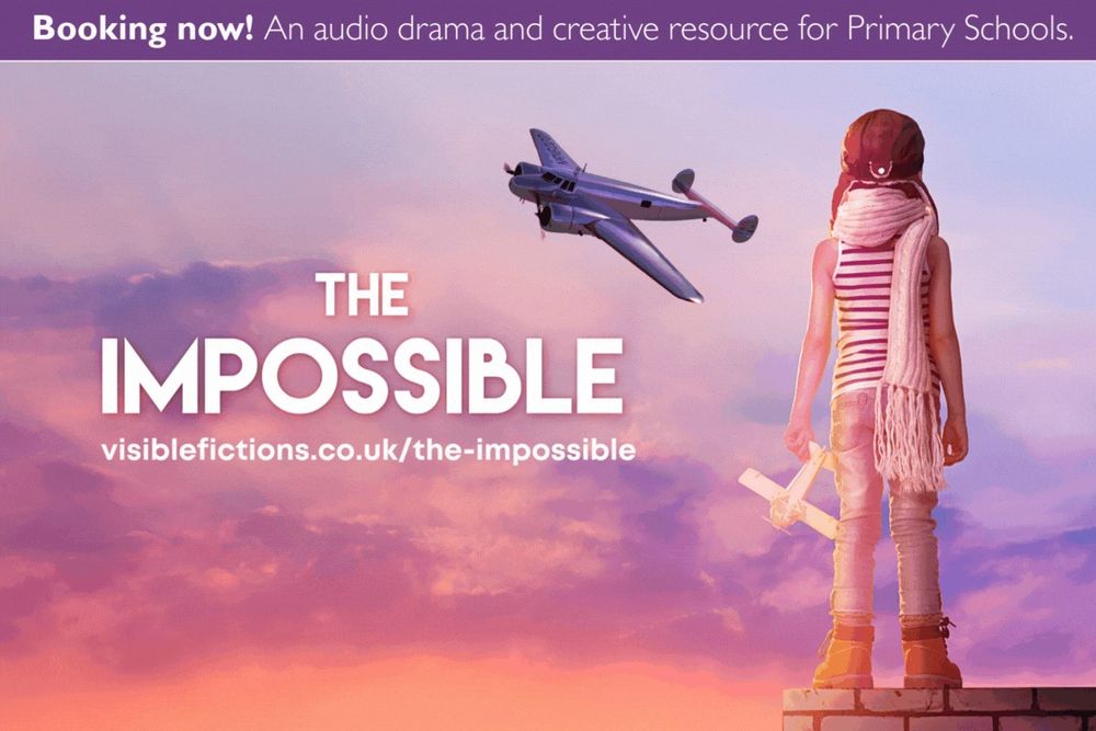 An animation of a young person looking at an old propeller plane in the sky.